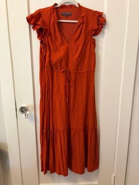 pumpkin orange Ruffle-Sleeve Midi Dress